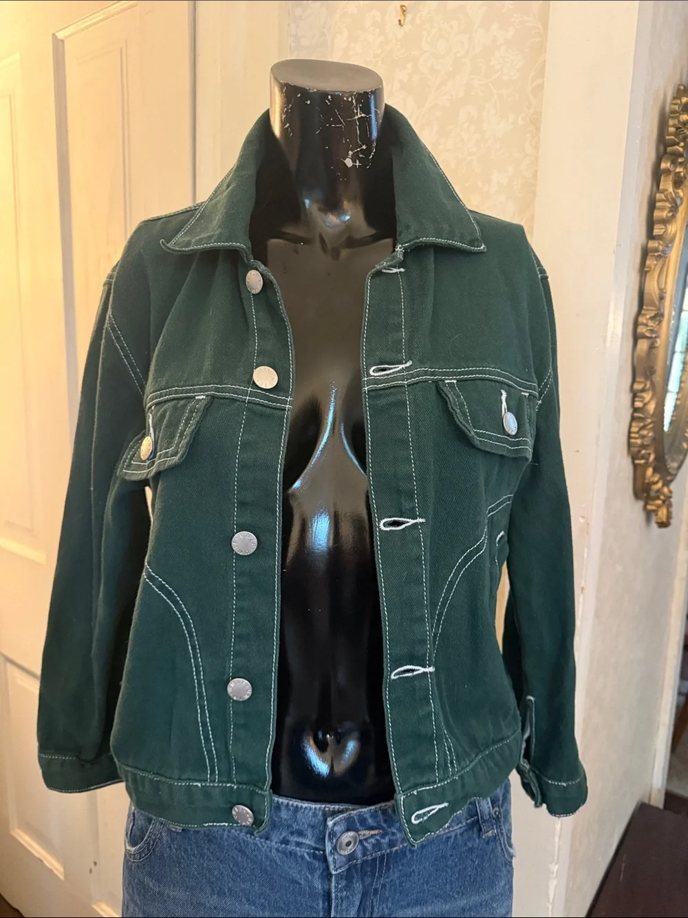 UNIF Green Denim Jacket Contrast White Topstitching Silver-Tone Buttons Small